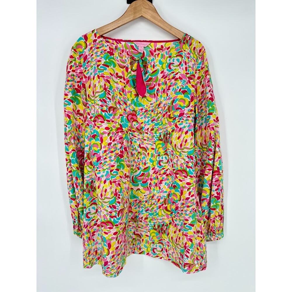 Lilly Pulitzer Tunic Top Size Small 100% Cotton Colorful Tie‎ Neck Long Sleeve